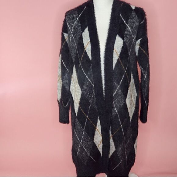 Marled Varsity Womens Argyle Plaid Open Front Black Cardigan Sweater Duster‎ - Picture 1 of 7